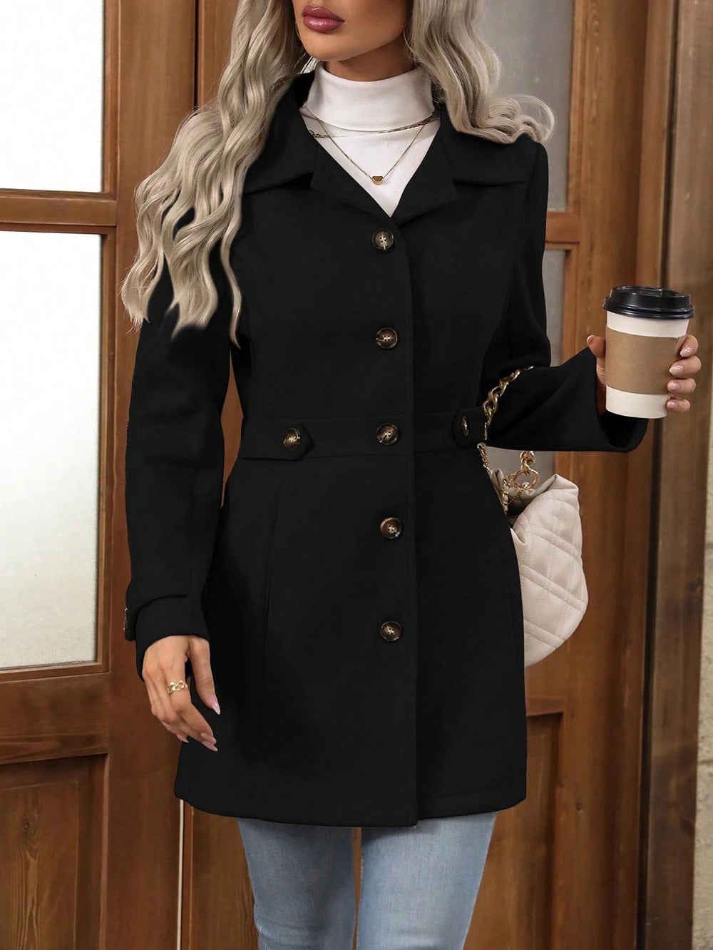 Women's Slim Fit Wool Coat with Lapel Collar