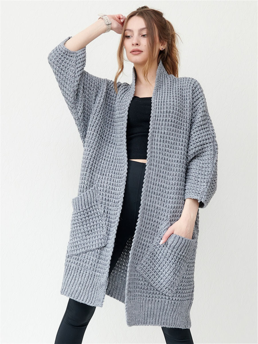 Oversized Strickjacke Offen Vorne Große Taschen - IdealeKleiden