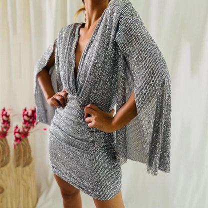 Glitzerndes Partykleid Damen Elegant V-Ausschnitt