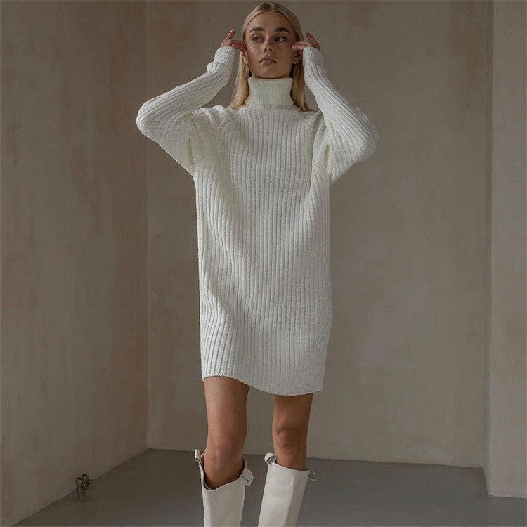 Damen Strickkleid Elegantes Design Hoher Kragen - IdealeKleiden