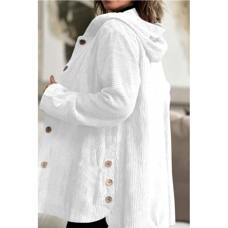 Hooded Jacket Corduroy Comfortable Mid-Length Buttons