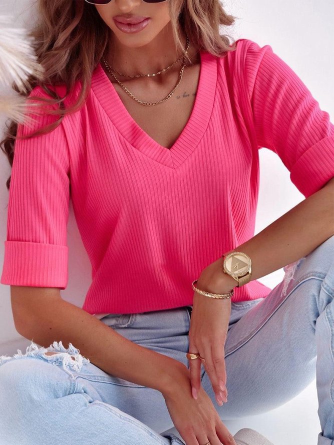 Women's V-Neck Short Sleeve Ribbed Top Summer Clothing