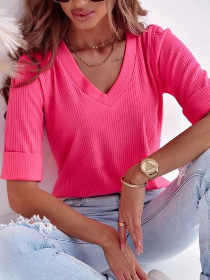 Women's V-Neck Short Sleeve Ribbed Top Summer Clothing