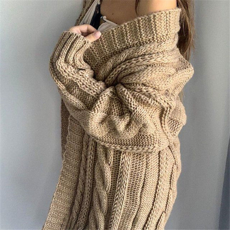 Oversized cable knit V-neck wool dress