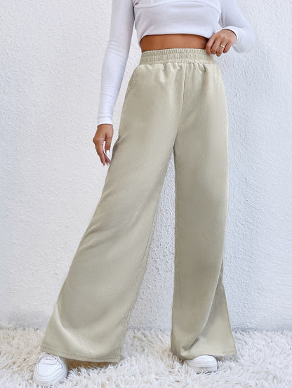 Women's Corduroy Wide Leg Trousers with Slits Elastic