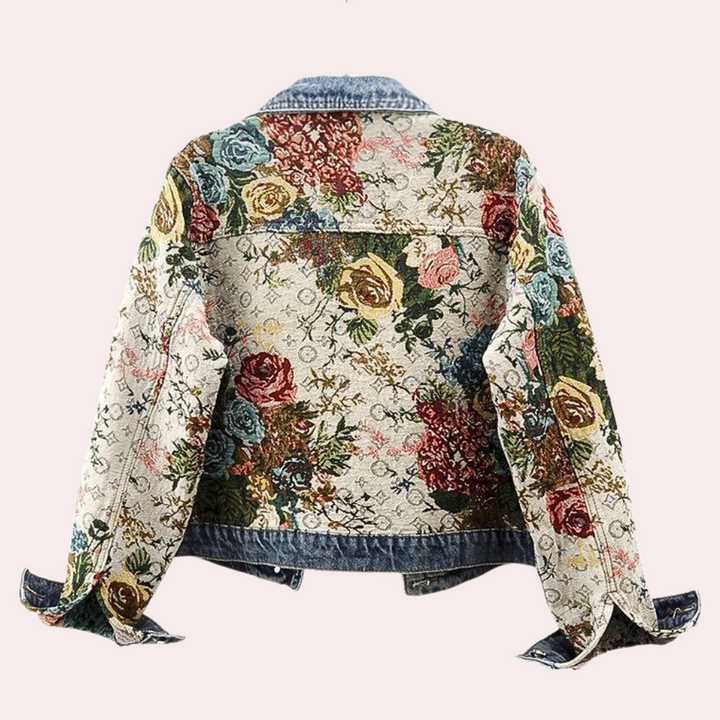 Elegante Damen Denimjacke Blumenmuster Herbstmode - IdealeKleiden