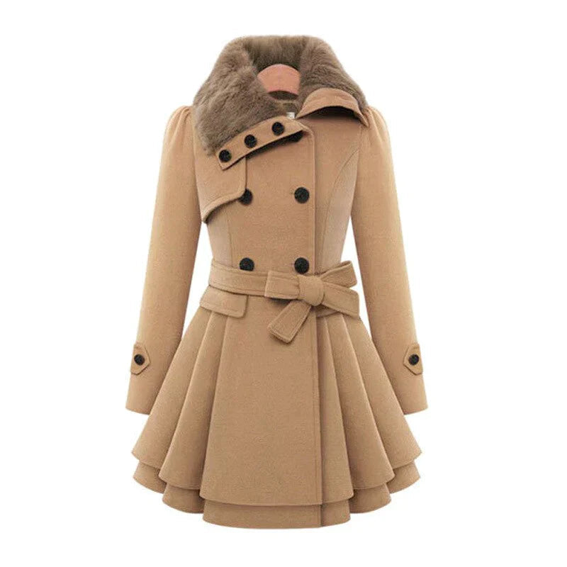 Women's Vegan Trench Coat with Fur Belt, Stylish