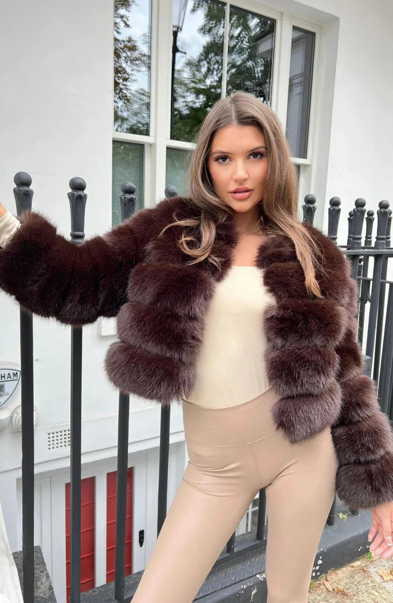 Faux Fur Short Puffer Jacket Plush Winter Coat for Women