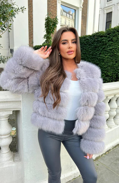 Faux Fur Short Puffer Jacket Plush Winter Coat for Women