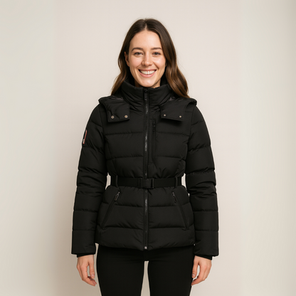 Women's Puffer Jacket Black Elegant Belt