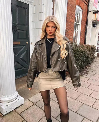 Damen Lederjacke Elegant Schnitt mit Reißverschluss - IdealeKleiden