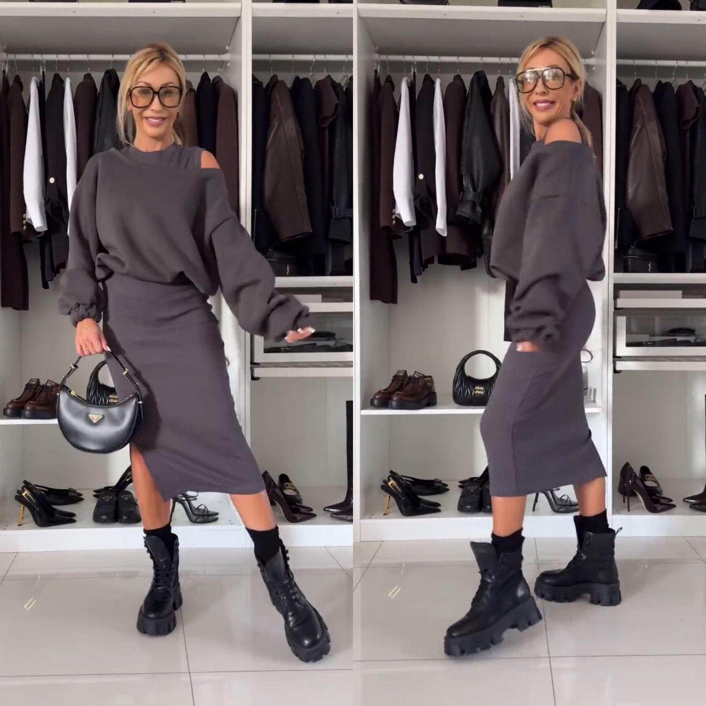 Fashionable Women's Dress Set with Cold Shoulder Top and Midi Skirt
