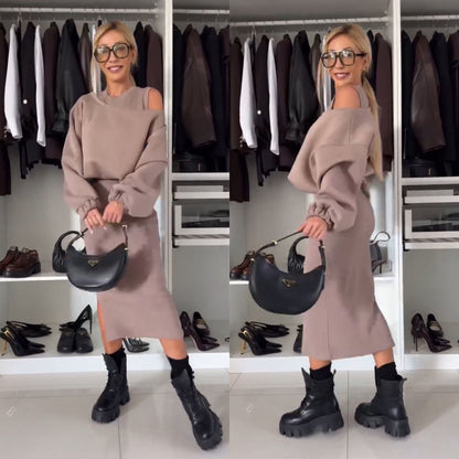 Fashionable Women's Dress Set with Cold Shoulder Top and Midi Skirt