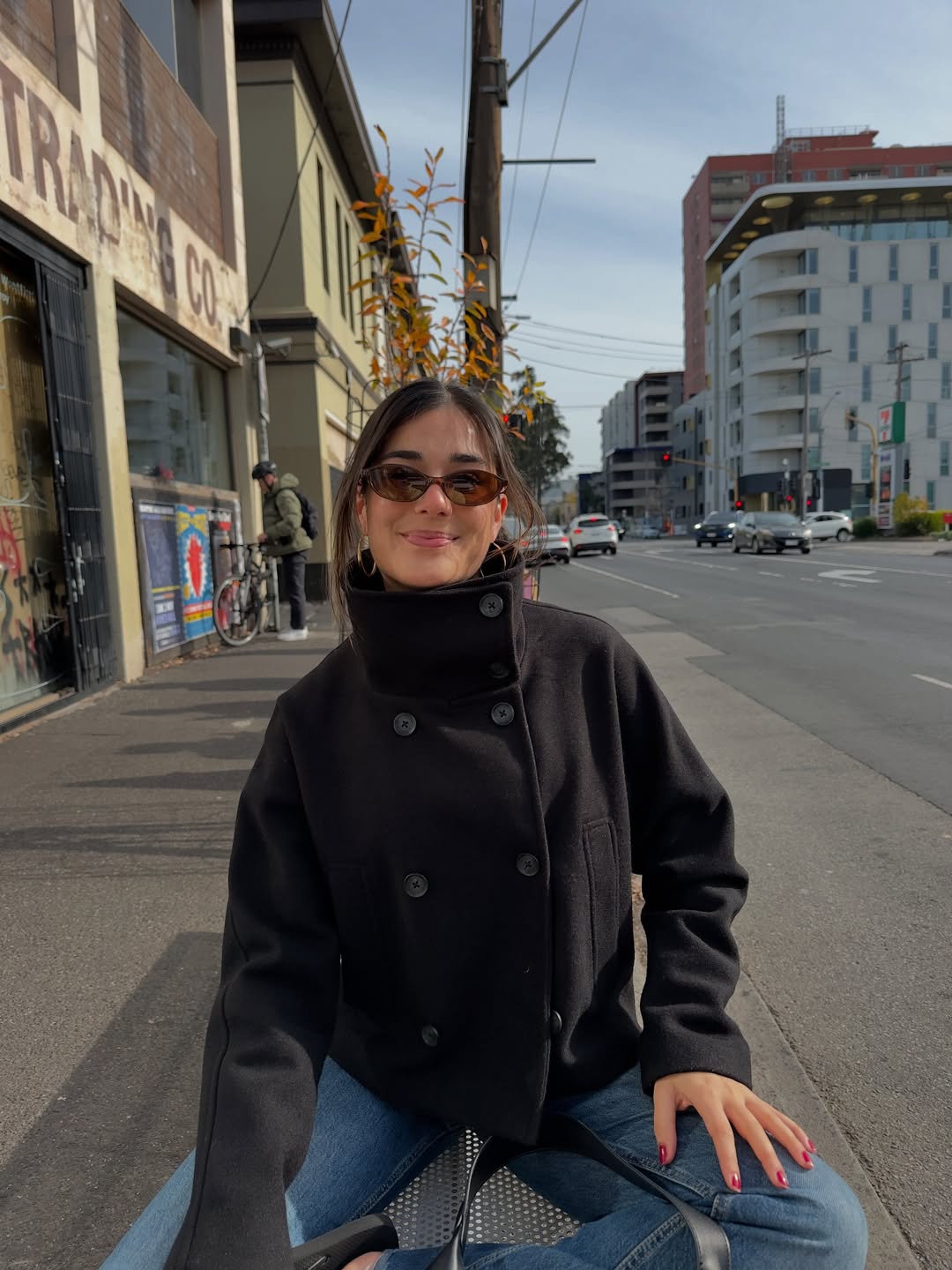 Oversized wool jacket, stand-up collar, double-breasted