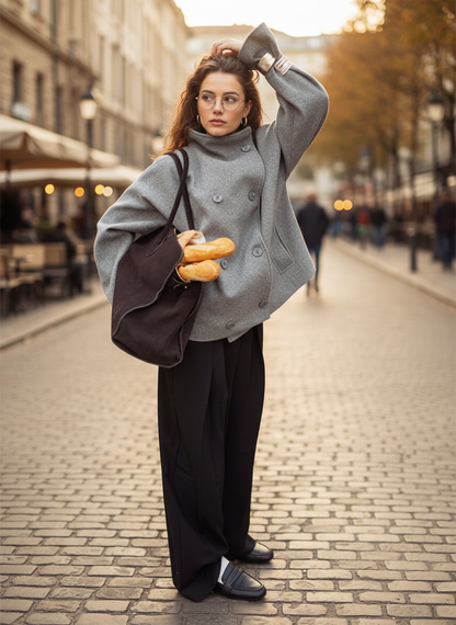 Oversized wool jacket, stand-up collar, double-breasted