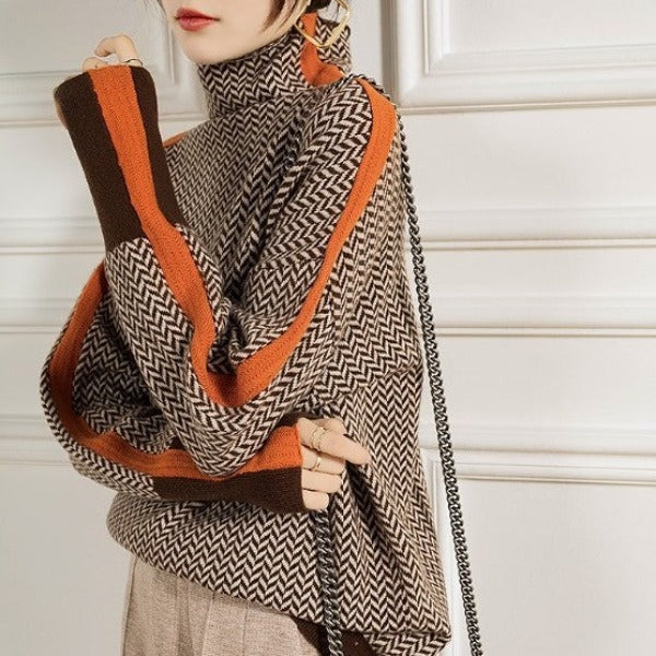 Knitted Sweater High Collar Colorful Stripes