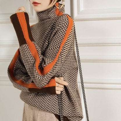 Knitted Sweater High Collar Colorful Stripes