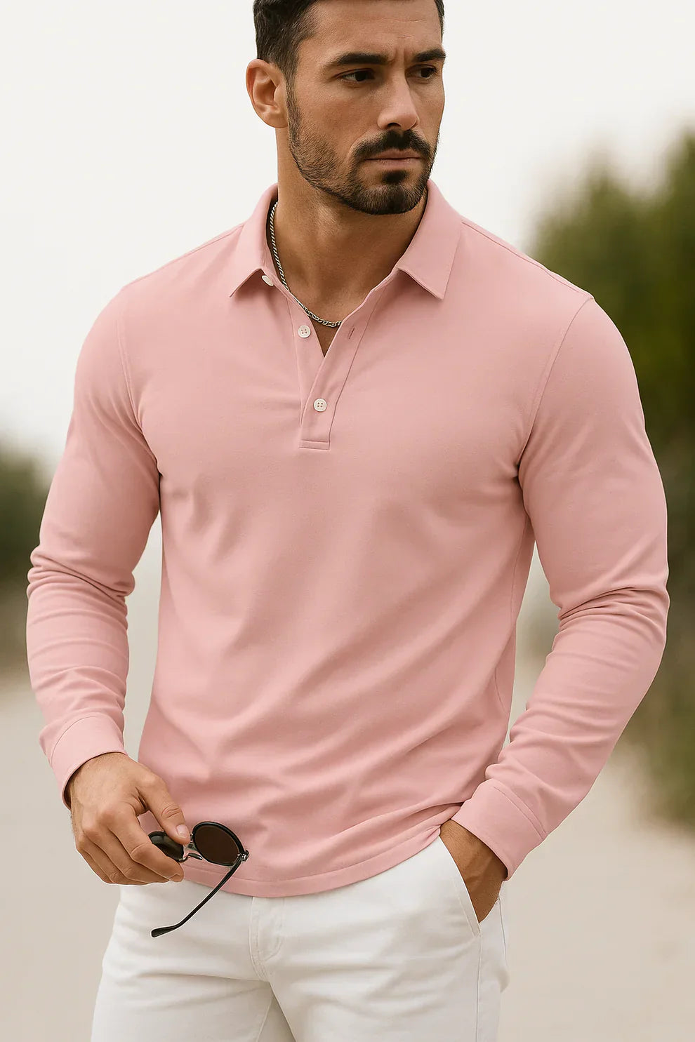 Men's Slim Fit Long Sleeve Polo Shirt Modern