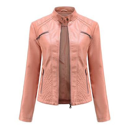 Leather jacket biker style stand-up collar ribbed look