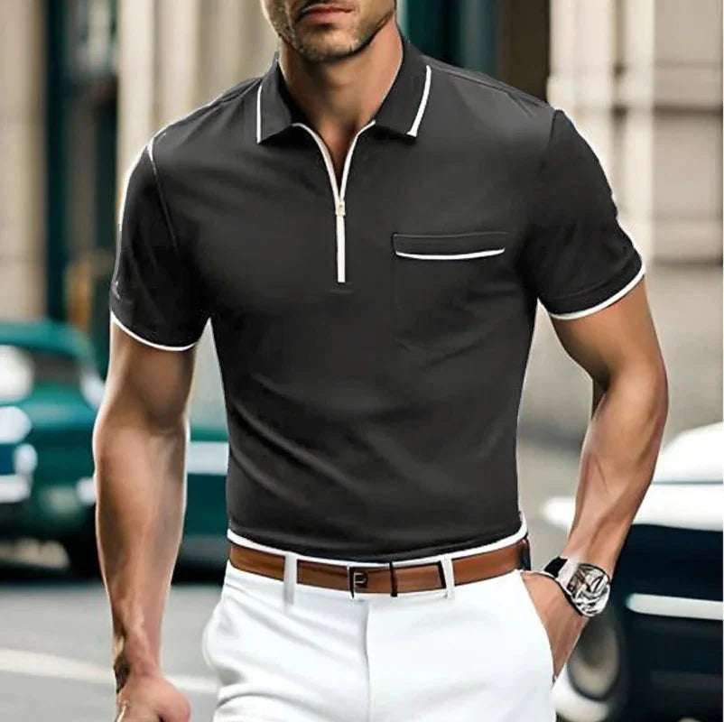 Men's Polo Shirt with Chest Pocket and Zipper