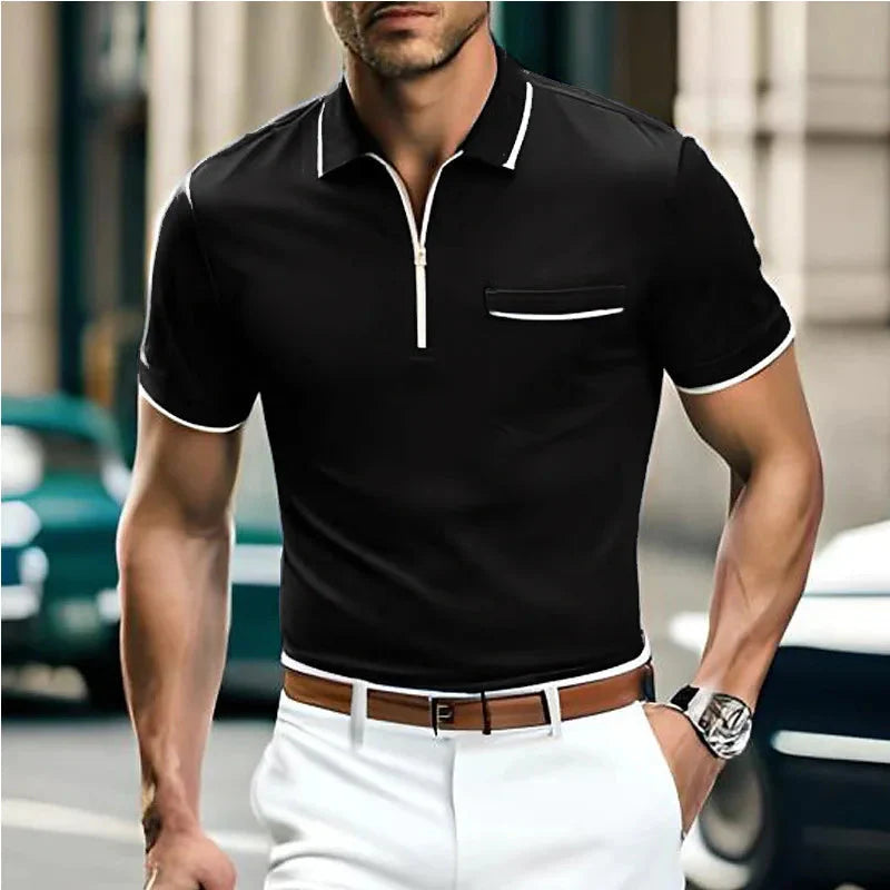 Men's Polo Shirt with Chest Pocket and Zipper
