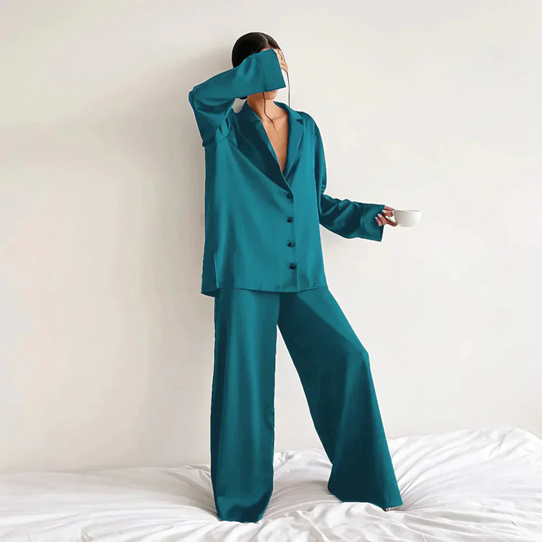 Women's Satin Pajamas White Wide-Leg Pants