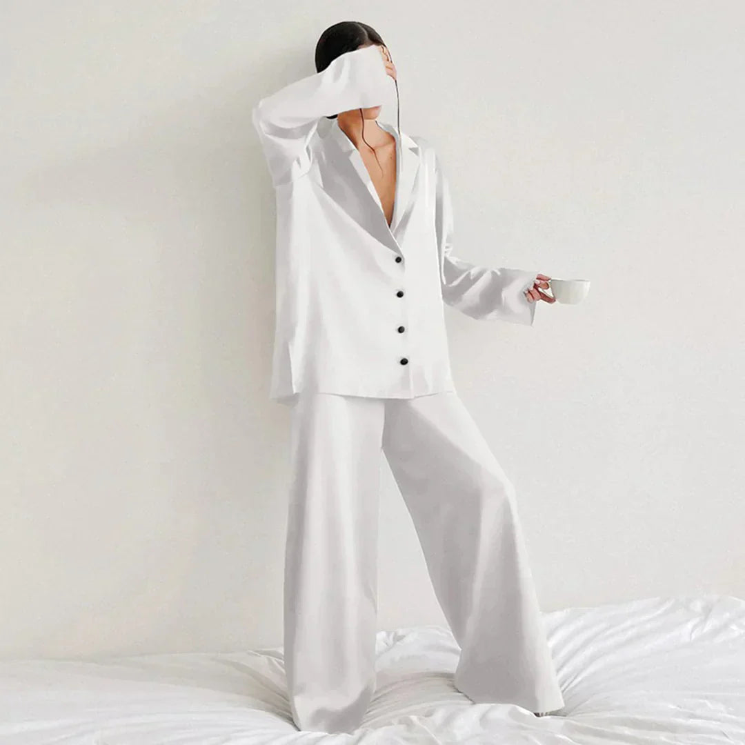 Women's Satin Pajamas White Wide-Leg Pants