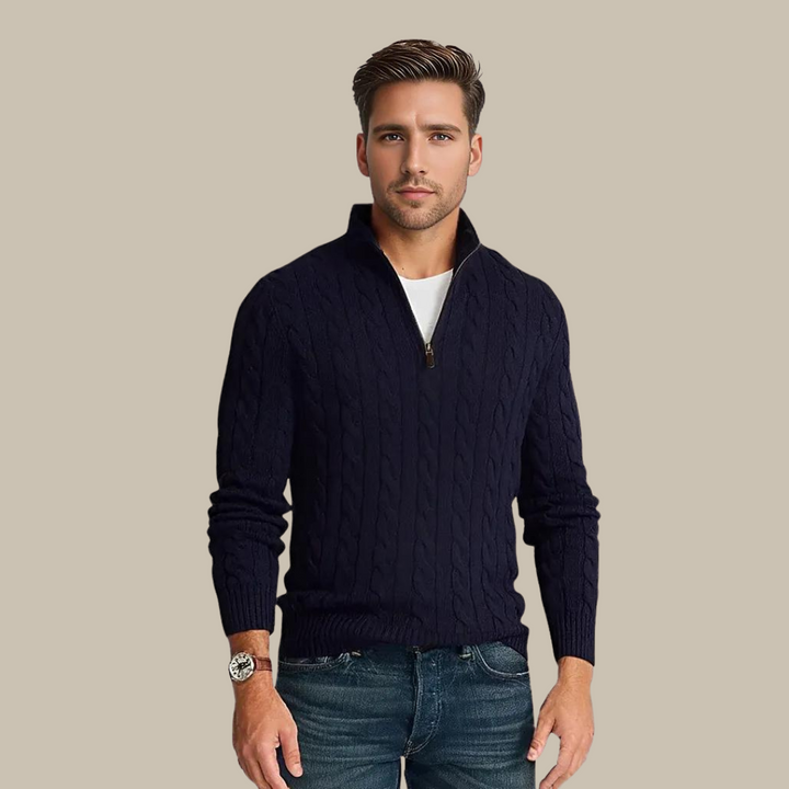 Herren Pullover Viertelreißverschluss Zopfmuster - IdealeKleiden