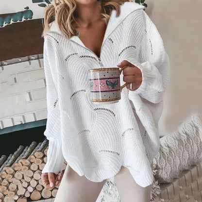 Wide V-Neck Zipper Sweater for Women