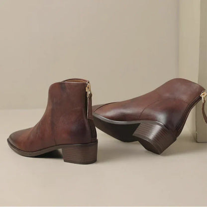 Women's Ankle Boots Leather Block Heel Shoes