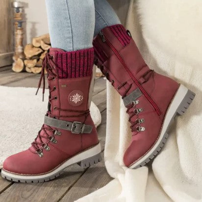 Ankle-High Knit Boots for Women Lace-Up Zipper