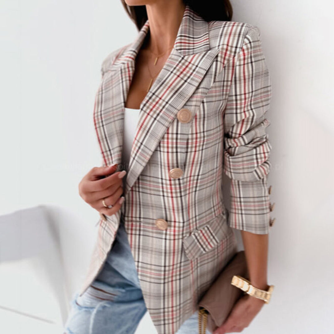 Elegante Kleidung | Taillierte Bluse Karomuster Doppelreiher