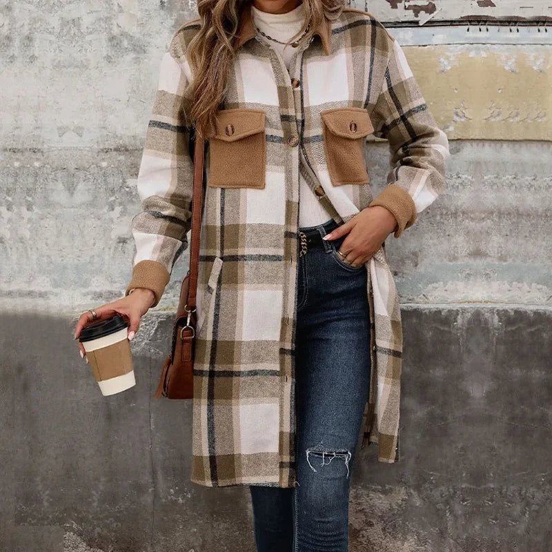Women's Long Plaid Quilted Jacket With Pockets