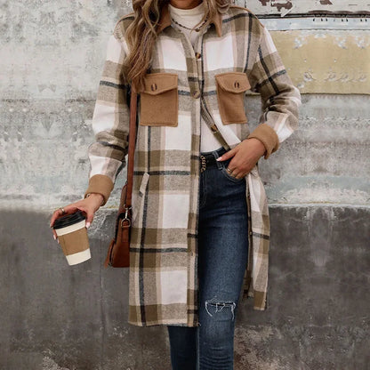 Women's Long Plaid Quilted Jacket With Pockets