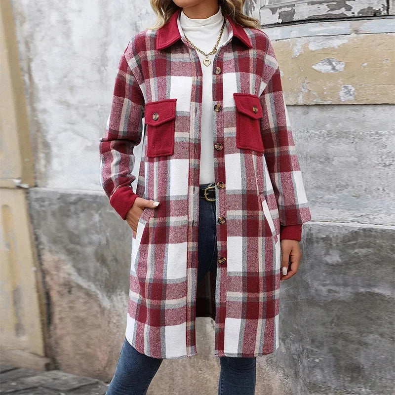 Women's Long Plaid Quilted Jacket With Pockets