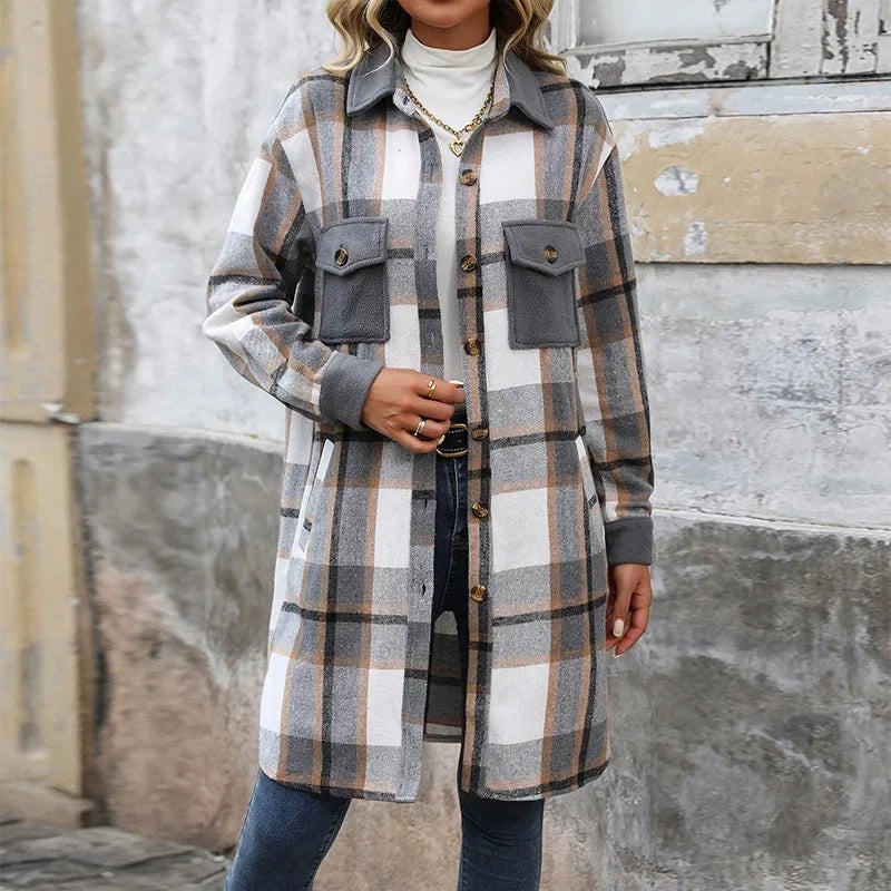 Women's Long Plaid Quilted Jacket With Pockets