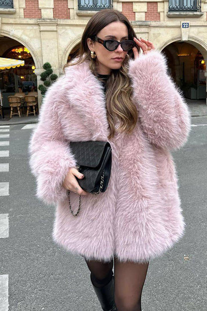 Women's Long Faux Fur Jacket Pink Soft Open