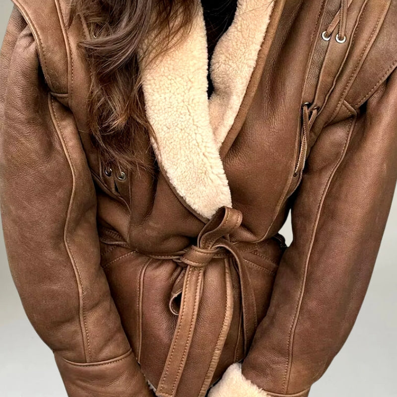 Leather jacket women's wrap-around design lacing