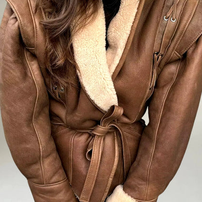 Leather jacket women's wrap-around design lacing