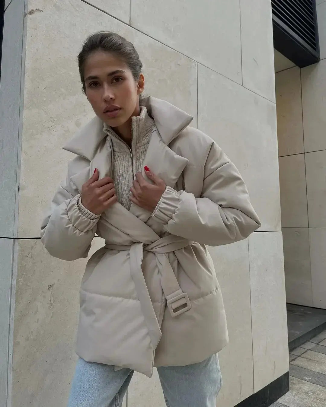 Stylish Puffer Jacket with Belt