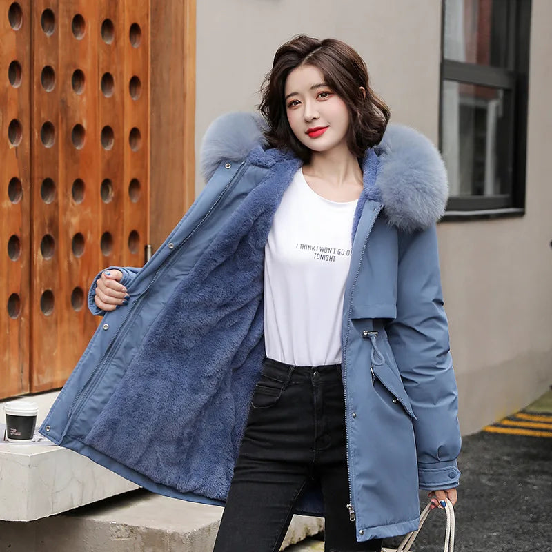 Winter Jacket Lined with Detachable Fur Collar and Hood