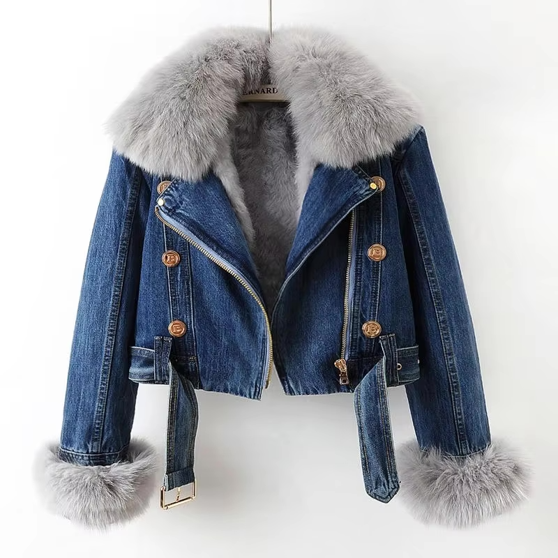 Fashionable denim jacket with faux fur collar