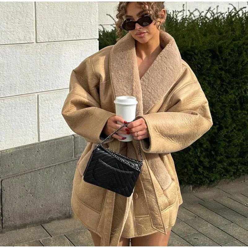Luxury Leather Coat for Women, Elegant Fur Trim