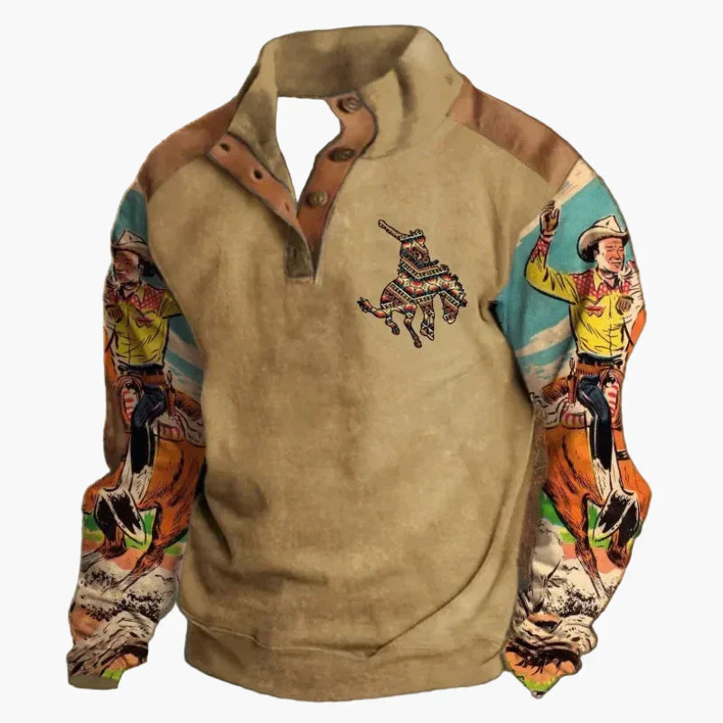 Retro Cowboy Sweatshirt Western Style Stand-Up Collar