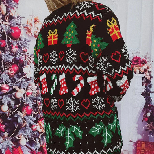 Weihnachtsstrickjacke Festlich Mit Knöpfen V-Ausschnitt - IdealeKleiden