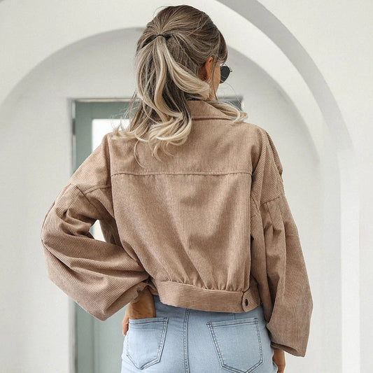 Modische Damenjacke Cord Velours Kurz - IdealeKleiden