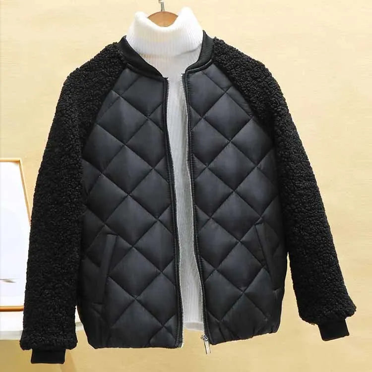 Short Women's Winter Jacket, Light Lambskin Look