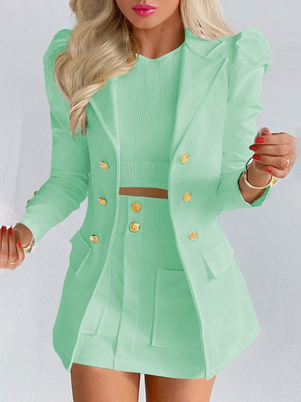 Women's Chic Plaid Blazer Skirt Set
