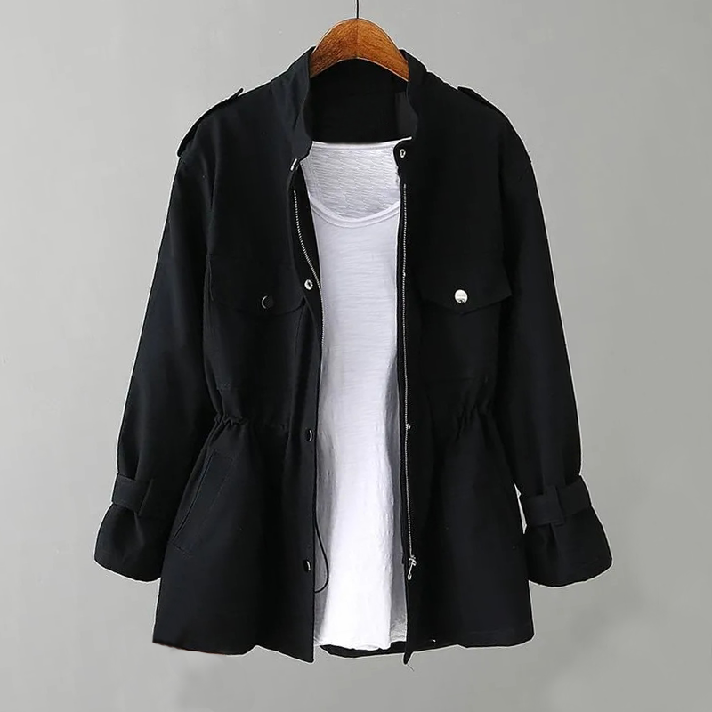 Einfache Damenjacke mit Kordelzug und Einfarbdesign - IdealeKleiden