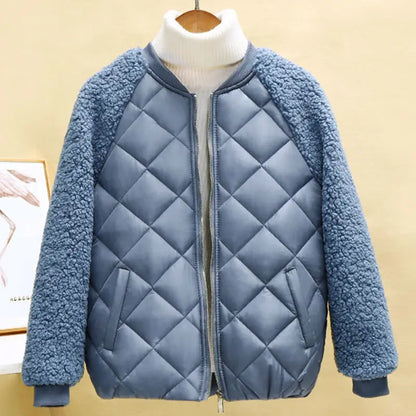 Short Women's Winter Jacket, Light Lambskin Look